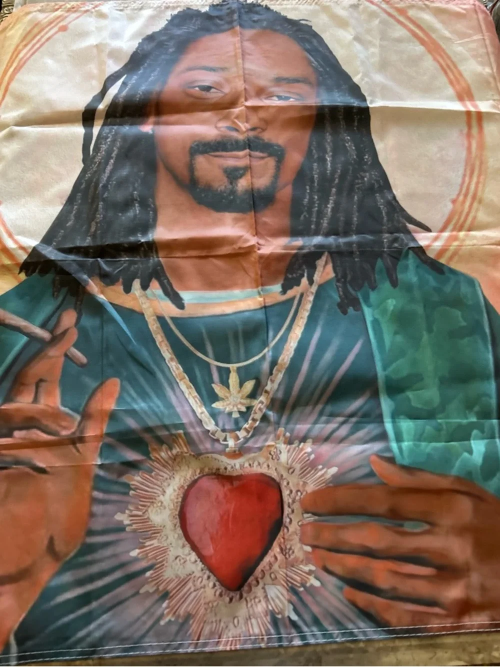 Spiritual Heart Wall Tapestry in Peach and Teal.